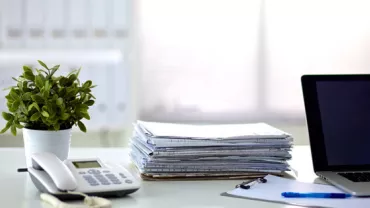 Office desk with a laptop, stack of papers, phone, and a potted plant.